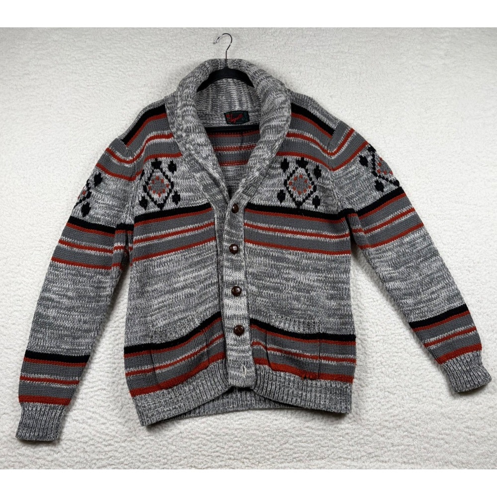 Sigallo Cardigan Mens Vtg Shawl Collar Southwestern Knit XL Gray Aztec Geometric